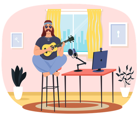 Le guitariste fait un streaming en direct tout en jouant dans le salon  Illustration