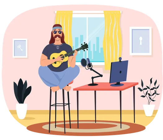 Le guitariste fait un streaming en direct tout en jouant dans le salon  Illustration