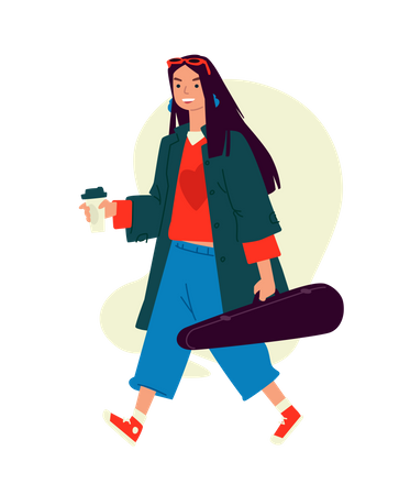 Guitarrista femenina caminando con una taza de café  Ilustración