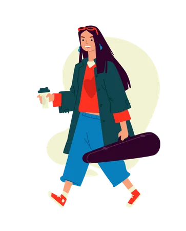 Guitarrista femenina caminando con una taza de café  Ilustración