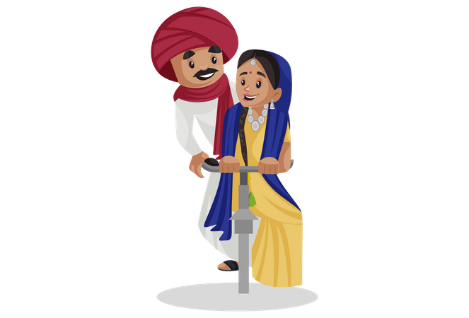 Couple gujarati à vélo  Illustration