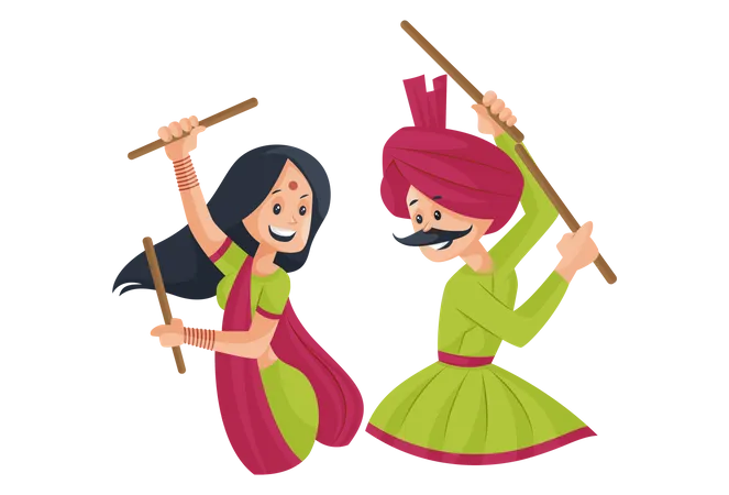 Gujarati Couple Playing Garba  Illustration