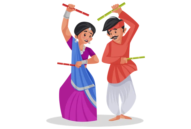 Gujarati couple playing raas garba Illustration