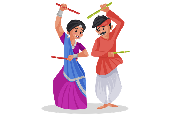 Gujarati couple playing raas garba 일러스트레이션