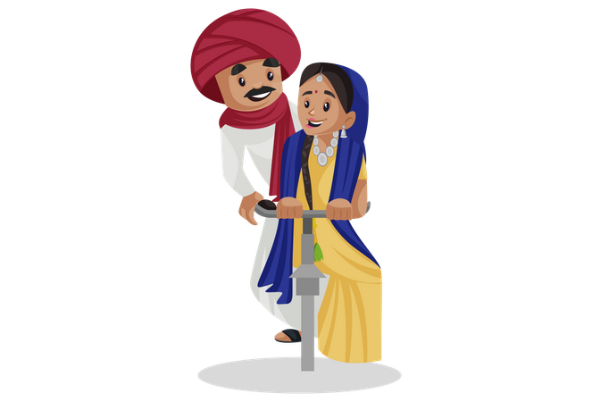 Gujarati couple riding bicycle  Illustration