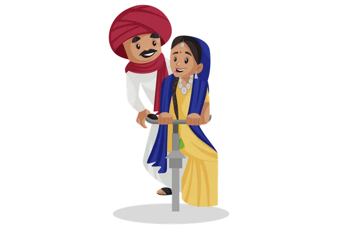 Gujarati couple riding bicycle  Illustration