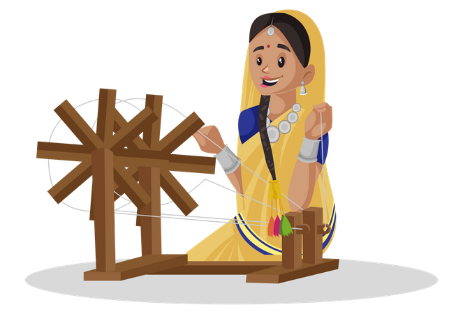 Une femme gujarati travaille sur un rouet  Illustration