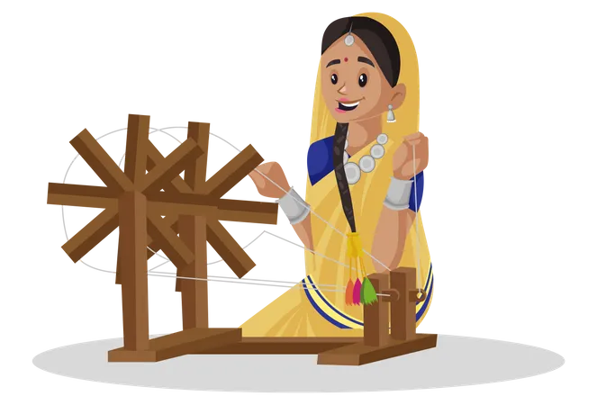 Une femme gujarati travaille sur un rouet  Illustration