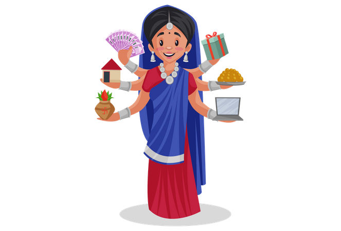 Gujarati-Frau, die mehrere Dinge gleichzeitig tut  Illustration