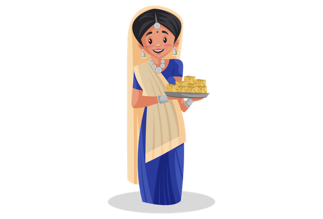 Gujarati-Frau hält süßes Gericht in der Hand  Illustration