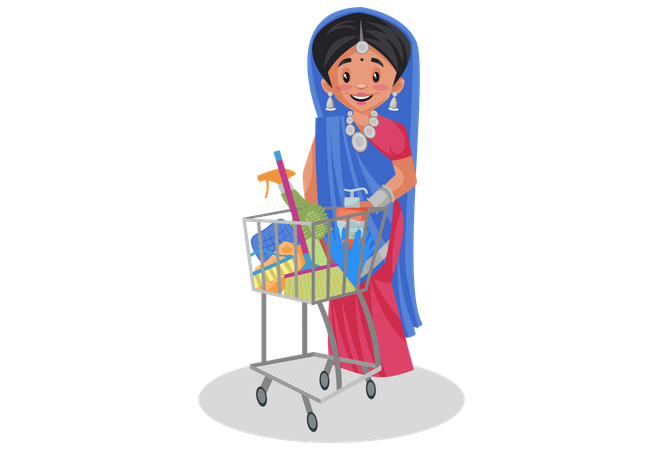 Gujarati-Frau steht mit Einkaufswagen  Illustration