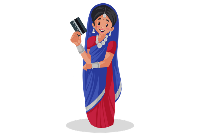 Gujarati girl is holding bank card in her hand Illustration