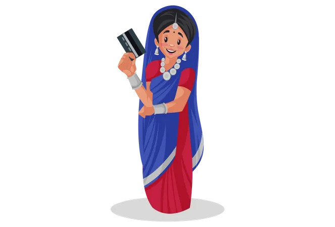 Gujarati girl is holding bank card in her hand Illustration