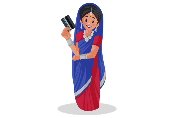 Gujarati girl is holding bank card in her hand  Illustration