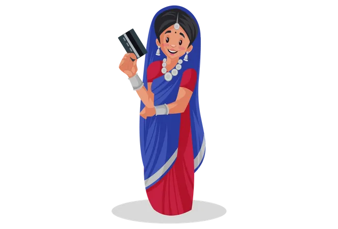 Gujarati girl is holding bank card in her hand  Illustration