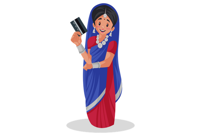 Gujarati girl is holding bank card in her hand  일러스트레이션
