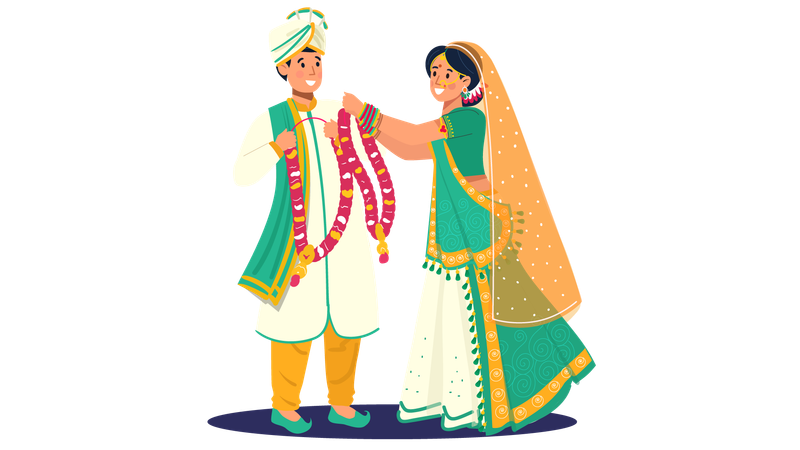 Gujarati Hochzeitspaar Braut und Bräutigam legen Blumengirlanden bei ritueller Zeremonie nieder  Illustration