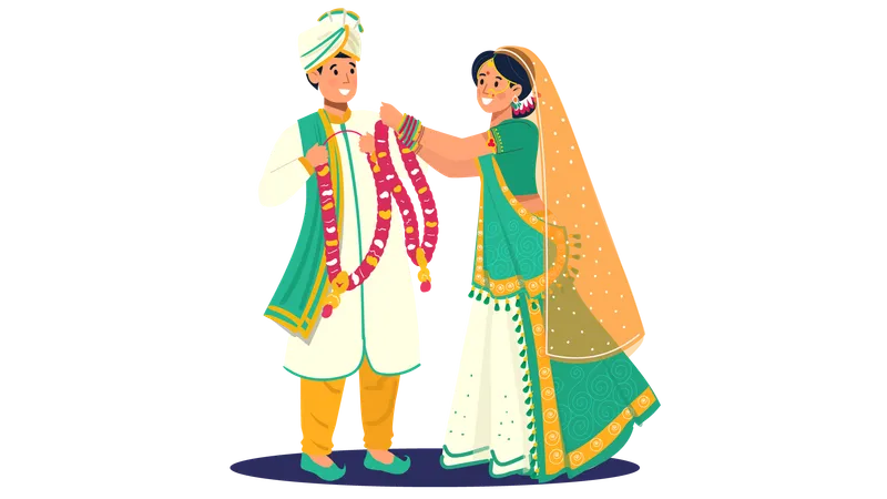 Gujarati Hochzeitspaar Braut und Bräutigam legen Blumengirlanden bei ritueller Zeremonie nieder  Illustration