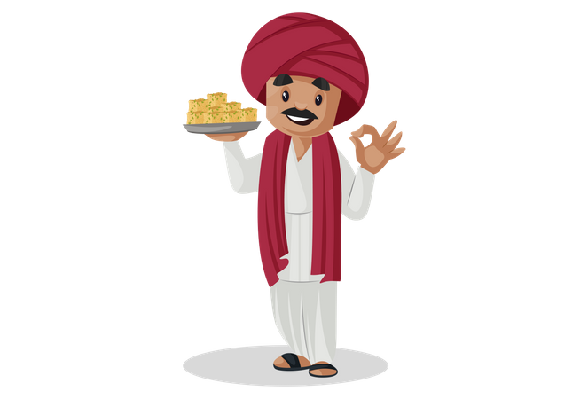 Gujarati man holding sweet dish  Illustration