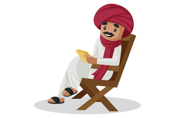 Gujarati man is sitting on chair and reading a book  Illustration