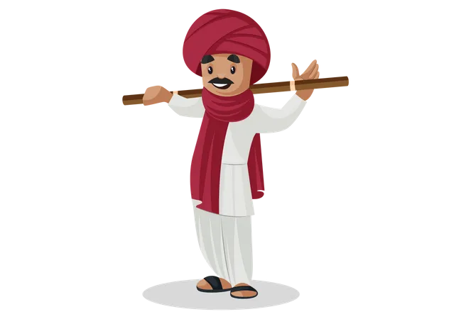 Gujarati man standing and placed stick on his shoulder Illustration