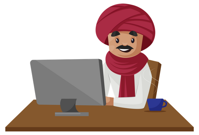 Gujarati man working on computer Illustration