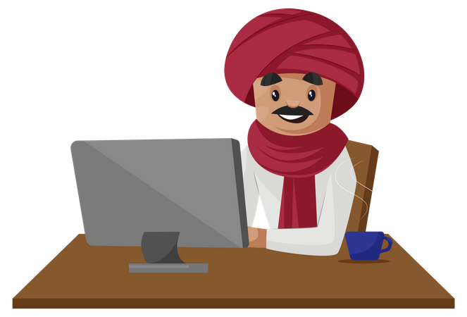 Gujarati man working on computer  Illustration