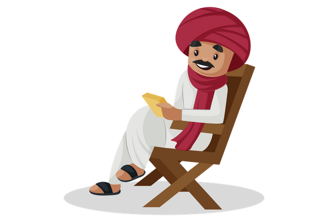 Gujarati-Mann sitzt auf einem Stuhl und liest ein Buch  Illustration