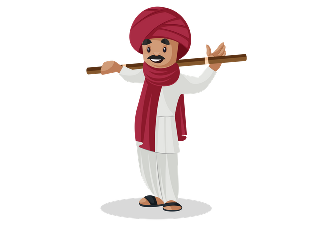 Gujarati-Mann steht und legt Stock auf seine Schulter  Illustration