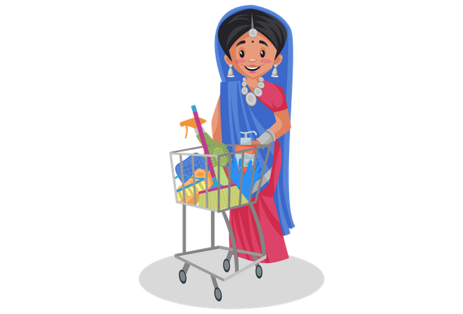 Mujer gujarati de pie con carrito de compras  Ilustración