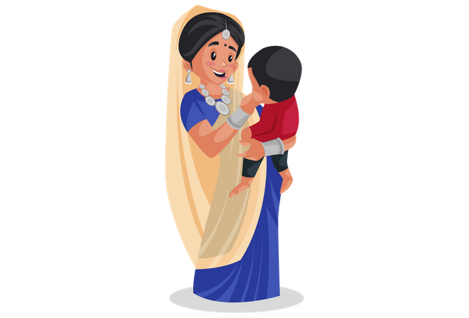 Mujer gujarati sosteniendo al bebé en brazos  Ilustración
