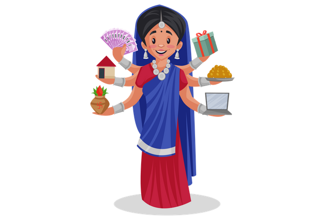Gujarati multitasking woman  일러스트레이션