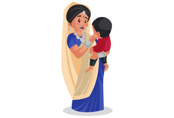 Gujarati woman holding baby in arms Illustration