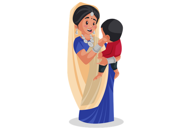 Gujarati woman holding baby in arms  Illustration