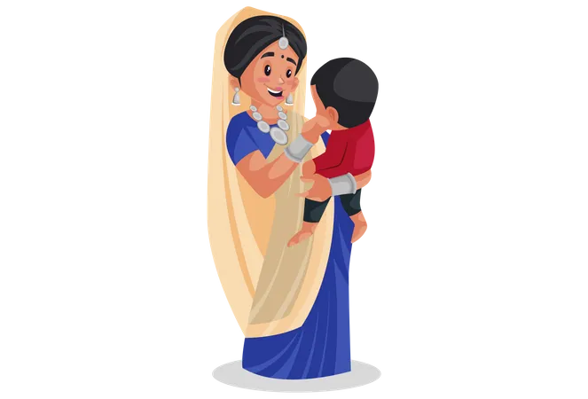 Gujarati woman holding baby in arms  Illustration