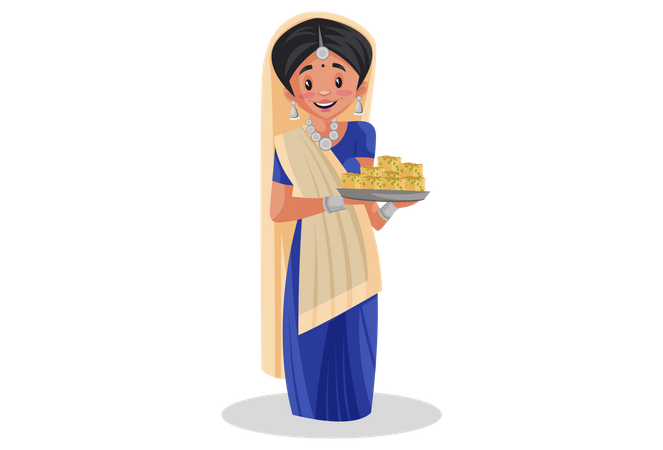 Gujarati woman holding sweet dish in her hand  일러스트레이션