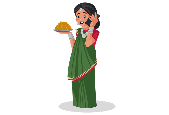 Gujarati woman is holding a sweets plate in hand and talking on mobile phone Illustration