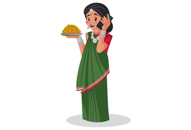 Gujarati woman is holding a sweets plate in hand and talking on mobile phone  Illustration