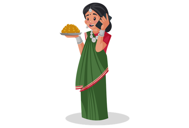 Gujarati woman is holding a sweets plate in hand and talking on mobile phone  일러스트레이션