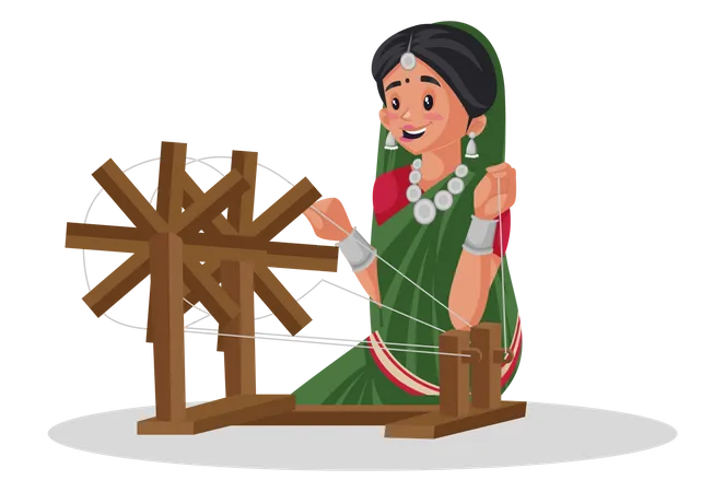 Gujarati woman is working on a spinning wheel Illustration
