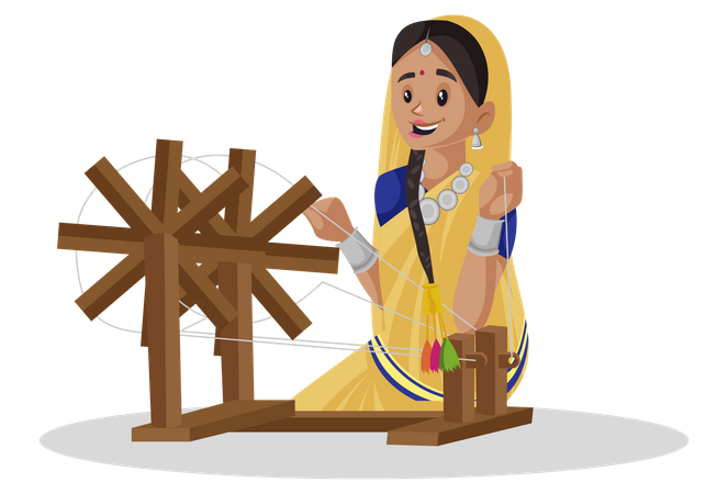 Gujarati woman is working on a spinning wheel  Illustration