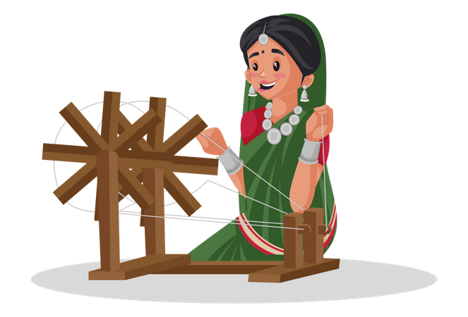 Gujarati woman is working on a spinning wheel  일러스트레이션
