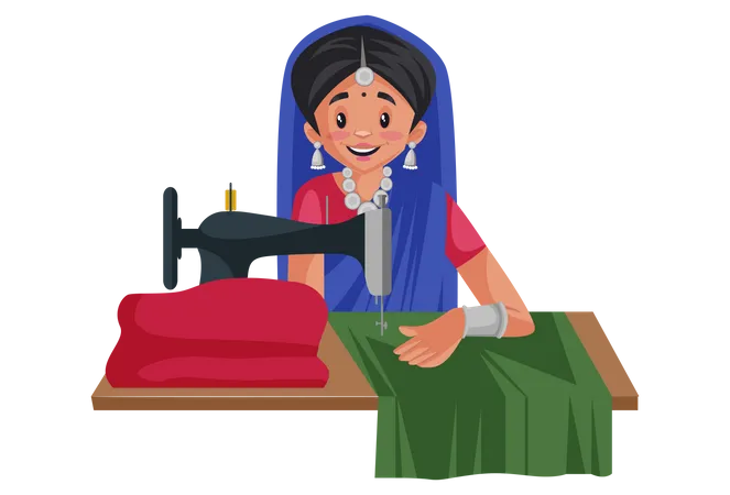 Gujarati woman is working on a stitching machine  Illustration