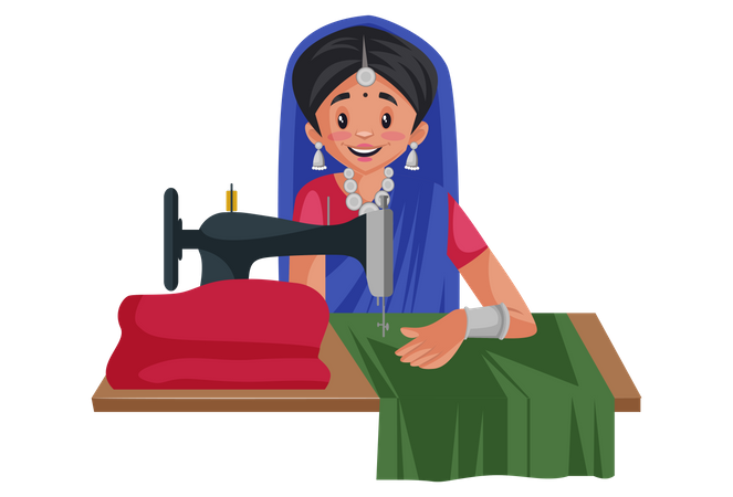 Gujarati woman is working on a stitching machine  일러스트레이션