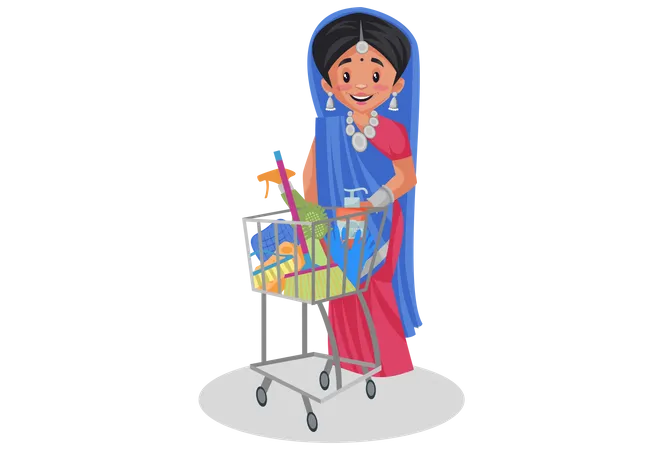 Gujarati woman standing with shopping cart Illustration