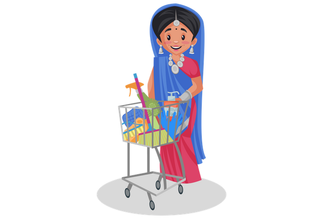 Gujarati woman standing with shopping cart  Illustration