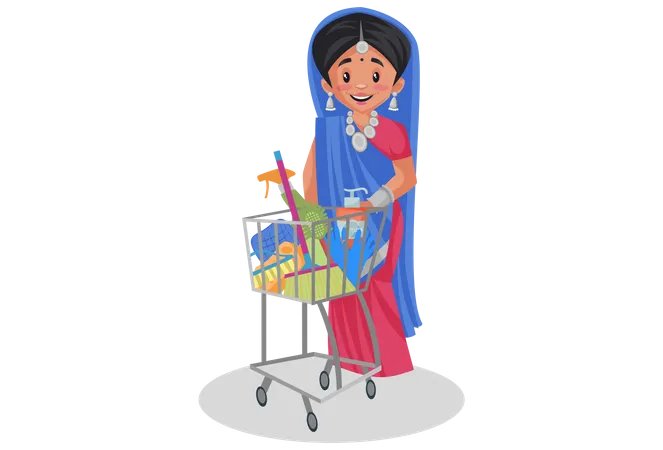 Gujarati woman standing with shopping cart  Illustration