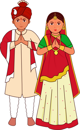 Casal de noivos Gujarati cumprimentando Namaste  Ilustração