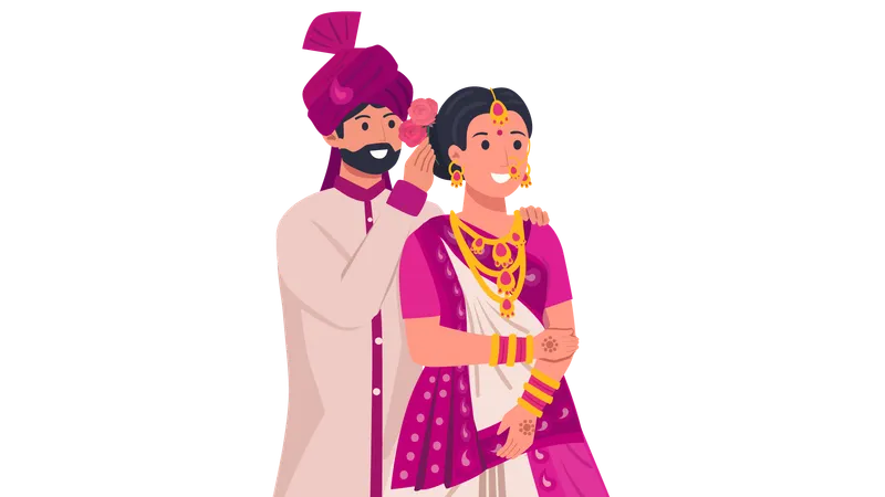 Gujrati groom putting rose in bride hairstyle  Illustration