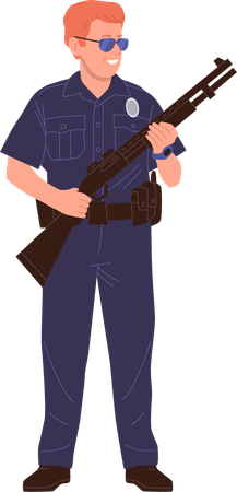 Gut ausgerüsteter, lächelnder männlicher Polizist in Uniform steht mit Waffe  Illustration